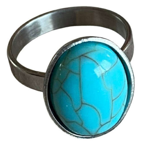 Bague avec pierre bleu turquoise synthétique ovale acier FBA06134A