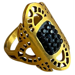 Bague motif ethnique avec strass noirs acier doré FBA2507D