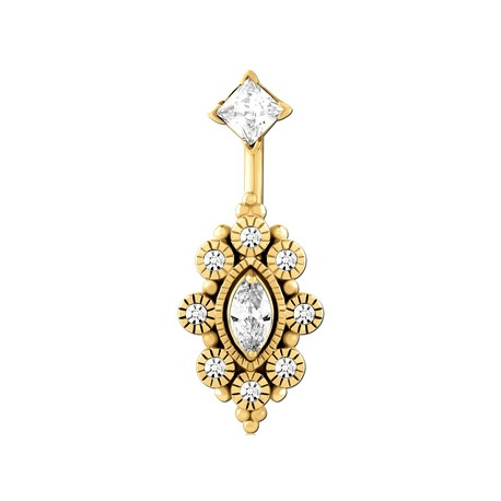 Bijou nombril fleur avec brillants blancs et strass losange acier doré or fin GPBNI 004