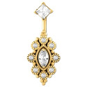 Bijou nombril fleur avec brillants blancs et strass losange acier doré or fin GPBNI 004