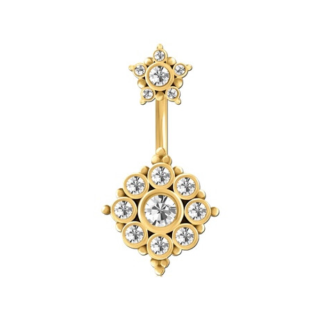 Bijou nombril 2 fleurs avec brillants blancs acier doré or fin GPBNI 001