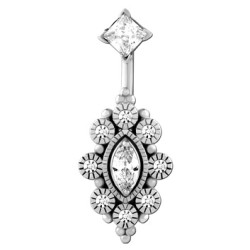 Bijou nombril fleur avec brillants blancs et strass losange acier 316L BNI 004