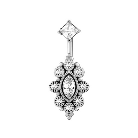 Bijou nombril fleur avec brillants blancs et strass losange acier 316L BNI 004