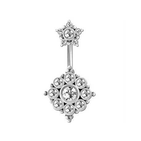 Bijou nombril 2 fleurs avec brillants blancs acier 316L BNI 003