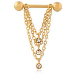 Bijou téton pendant 3 chaines et 3 strass - barre 1,6 mm acier doré 316L GPSNS 12