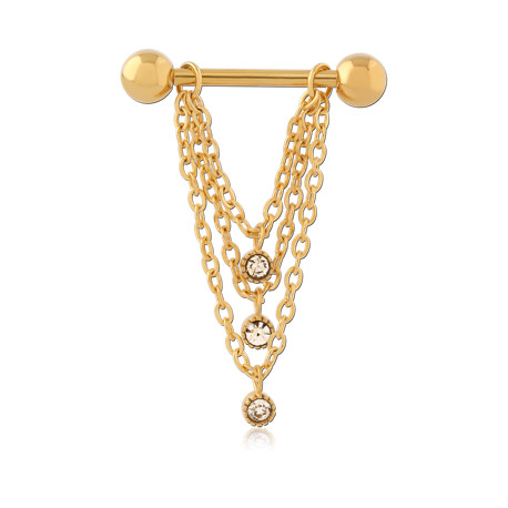 Bijou téton pendant 3 chaines et 3 strass - barre 1,6 mm acier doré 316L GPSNS 12