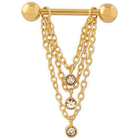 Bijou téton pendant 3 chaines et 3 strass - barre 1,6 mm acier doré 316L GPSNS 12