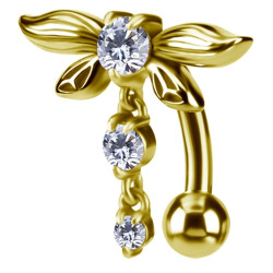 Bijou nombril inversé pendant motif libellule avec 3 strass acier doré GPBN 51