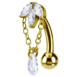 Bijou nombril inversé pendant motif marquise 3 strass avec chaine et brillant acier doré GPBN 49