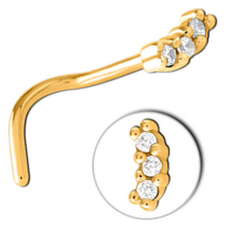 Bijou piercing nez 3 strass en long sertis tige tire-bouchon acier 316L doré or fin GPJNO 05