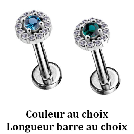 Bijou labret 1,2 mm titane fleur avec strass sertis COCR NF à visser interne mini-vis 0,8 mm TMLBIAJ25
