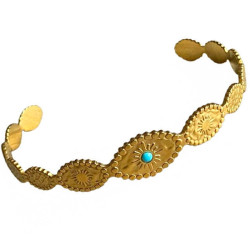 Bracelet jonc acier doré motif ethnique pierre turquoise synthétique JFS06