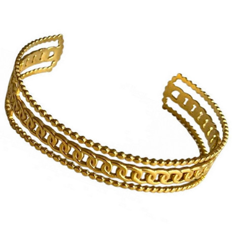 Bracelet jonc acier doré motif mailles avec 2 lignes de chaque côté JFS08