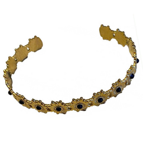 Bracelet jonc acier doré motif ethnique fleurs onyx synthétique JFS14