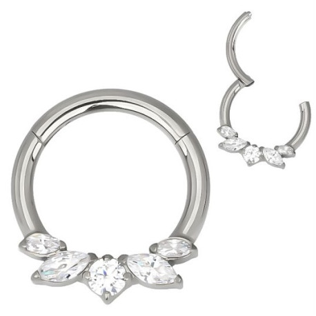 Anneau avec marquise 5 strass blanc face contour sertis pour septum / oreille titane ASTM F136 G 23 TBHJ 032