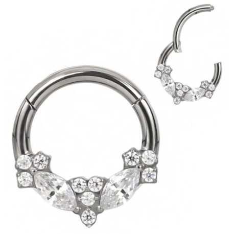 Anneau avec marquise fleurs strass blancs face contour sertis pour septum / oreille titane ASTM F136 G 23 TBHJ 025