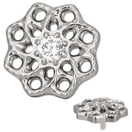 Embout motif fleur ethnique avec brillant blanc serti titane G23, pour barre 1,2 mm avec pas de vis interne 0,8 mm TINMJ068