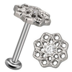 Bijou labret 1,2 mm motif fleur ethnique avec brillant blanc serti Titane ASTM F-136 à visser interne 0,8 mm TINMLBJ068