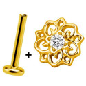 Bijou labret 1,2 mm fleur ethnique avec brillant blanc serti Titane ASTM F-136 dor&eacute; &agrave; visser interne 0,8 mm TGPINMLBJ065