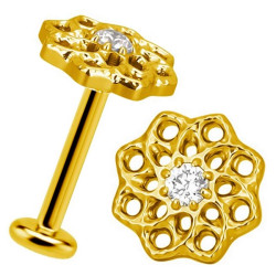 Bijou labret 1,2 mm fleur ethnique avec brillant blanc serti Titane ASTM F-136 doré à visser interne 0,8 mm TGPINMLBJ068