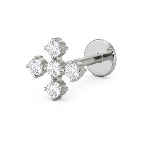 Bijou labret 1,2 mm motif croix 5 brillants Titane ASTM F-136 à visser interne 0,8 mm TINMLBJ077
