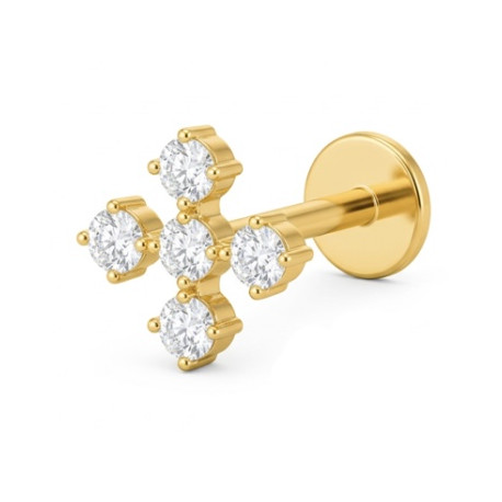 Bijou labret 1,2 mm motif croix 5 brillants blancs Titane doré ASTM F-136 à visser interne 0,8 mm TGPINMLBJ077CR