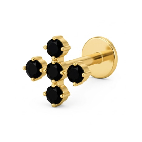 Bijou labret 1,2 mm motif croix 5 brillants noirs Titane doré ASTM F-136 à visser interne 0,8 mm TGPINMLBJ077BK
