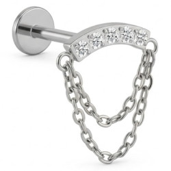 Bijou labret 1,2 mm 5 brillants blancs en long avec chaine Titane ASTM F-136 à visser interne 0,8 mm TINMLBJ070