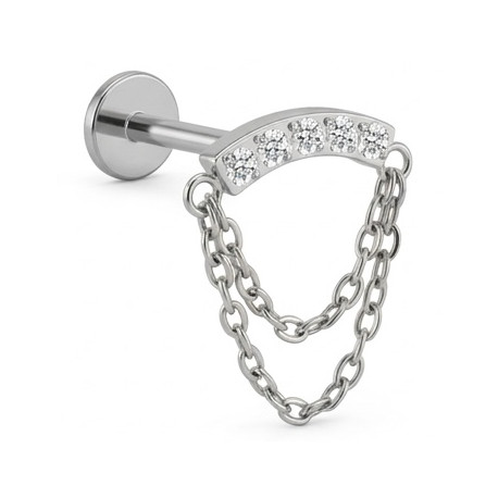 Bijou labret 1,2 mm 5 brillants blancs en long avec chaine Titane ASTM F-136 à visser interne 0,8 mm TINMLBJ070