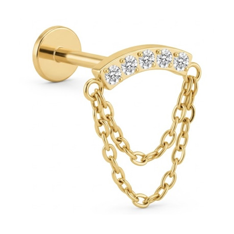 Bijou labret 1,2 mm 5 brillants blancs en long avec chaine Titane doré ASTM F-136 à visser interne 0,8 mm TGPINMLBJ070