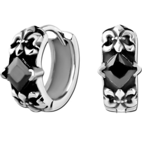 Paire d'anneaux fermés à clip avec fleurs de lys et strass noir acier 316L HBH 31