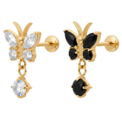 Bijou labret 1,2 mm papillon 4 brillants et pendant strass Titane ASTM F-136 doré à visser interne 0,8 mm TGPINMLBJ062
