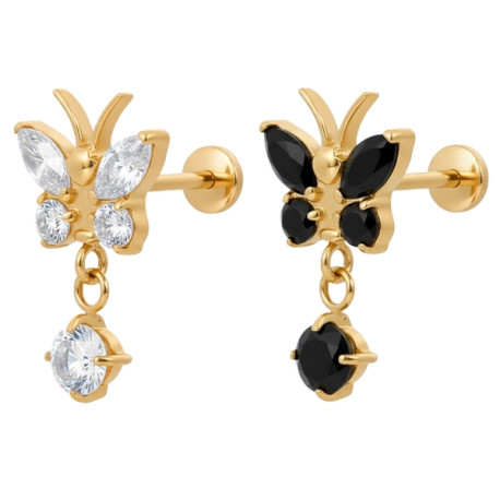 Bijou labret 1,2 mm papillon 4 brillants et pendant strass Titane ASTM F-136 doré à visser interne 0,8 mm TGPINMLBJ062