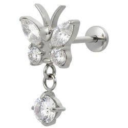 Bijou labret 1,2 mm papillon 4 brillants et pendant chaine strass Titane ASTM F-136 à visser interne 0,8 mm TINMLBJ062