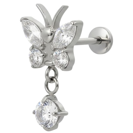 Bijou labret 1,2 mm papillon 4 brillants et pendant chaine strass Titane ASTM F-136 à visser interne 0,8 mm TINMLBJ062