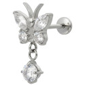 Bijou labret 1,2 mm papillon 4 brillants et pendant chaine strass Titane ASTM F-136 &agrave; visser interne 0,8 mm TINMLBJ062