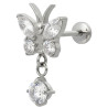 Bijou labret 1,2 mm papillon 4 brillants et pendant chaine strass Titane ASTM F-136 à visser interne 0,8 mm TINMLBJ062