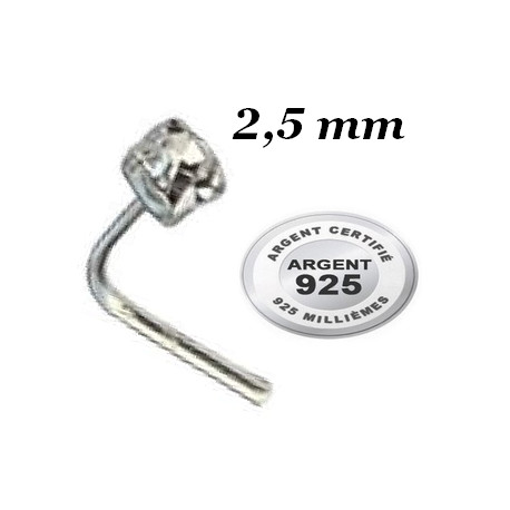 Bijou piercing nez plat avec strass blanc 2,5 mm griffé tige pliée argent 925 BO12325