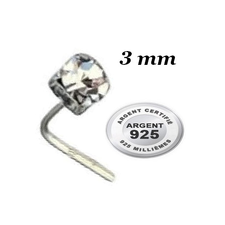 Bijou piercing nez plat avec strass blanc 3 mm griffé tige pliée argent 925 BO127