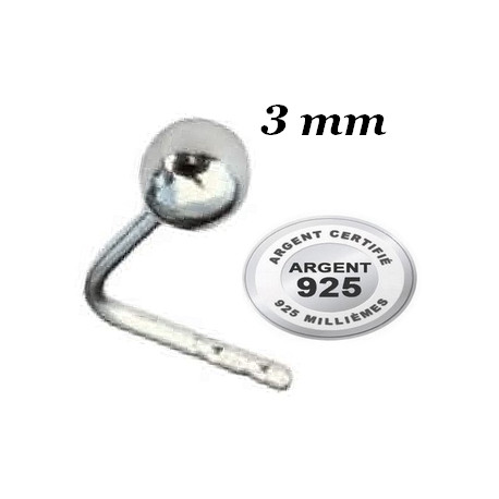 Bijou piercing nez plat avec boule 3 mm griffé tige pliée argent 925 BO176