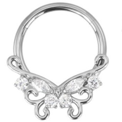 Anneau avec motif papillon strass blancs sertis pour septum / oreille titane ASTM F136 G 23 TBHJ 038