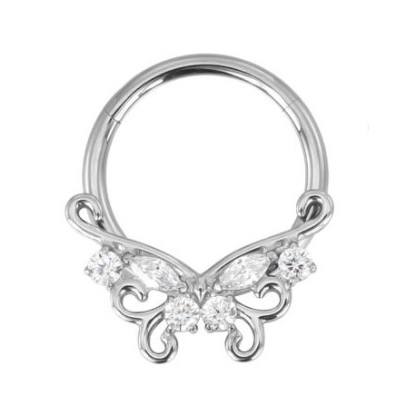 Anneau avec motif papillon strass blancs sertis pour septum / oreille titane ASTM F136 G 23 TBHJ 038