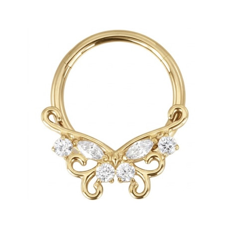 Anneau avec motif papillon strass blancs sertis pour septum / oreille titane doré ASTM F136 G 23 TGPBHJ 038