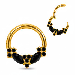 Anneau avec marquise fleurs strass noirs face contour sertis pour septum / oreille titane doré ASTM F136 G 23 TGPBHJ 025BK