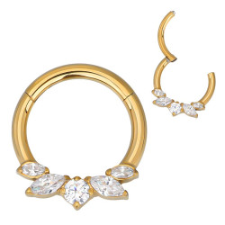 Anneau avec marquise 5 strass blanc face contour sertis pour septum / oreille titane doré ASTM F136 G 23 TGPBHJ 032