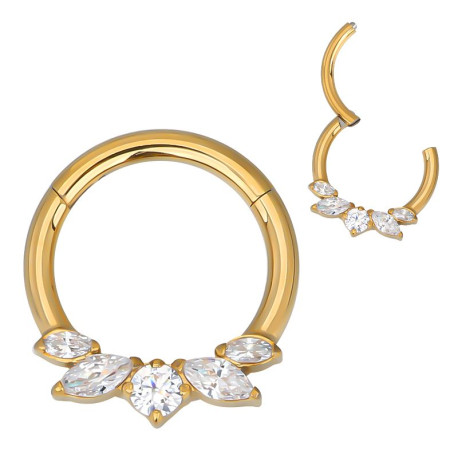 Anneau avec marquise 5 strass blanc face contour sertis pour septum / oreille titane doré ASTM F136 G 23 TGPBHJ 032