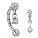 Barre pli&eacute;e 1,2 mm motif pendant 2 strass et chaine Titane G23 ASTM F-136 TINMBNJ002