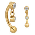 Barre pli&eacute;e 1,2 mm motif pendant 2 strass et chaine Titane dor&eacute; G23 ASTM F-136 TGPINMBNJ002