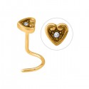 Bijou piercing nez plat motif coeur avec strass serti tige tire-bouchon acier doré or fin GPJNO 02