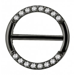 Bijou téton avec contour anneau strass- barre 1,6 mm acier noir BKSNC 16